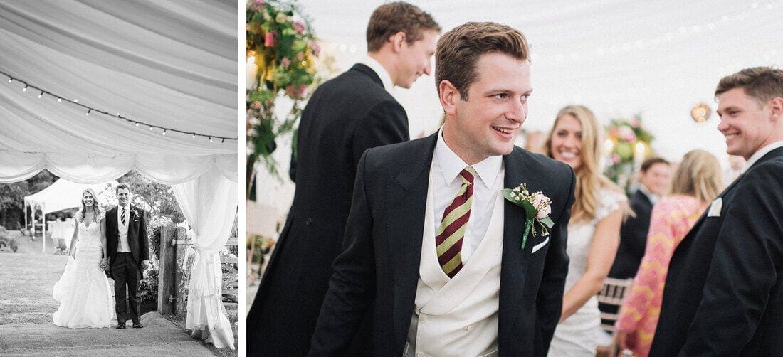 the bride and groom enter the wedding marquee