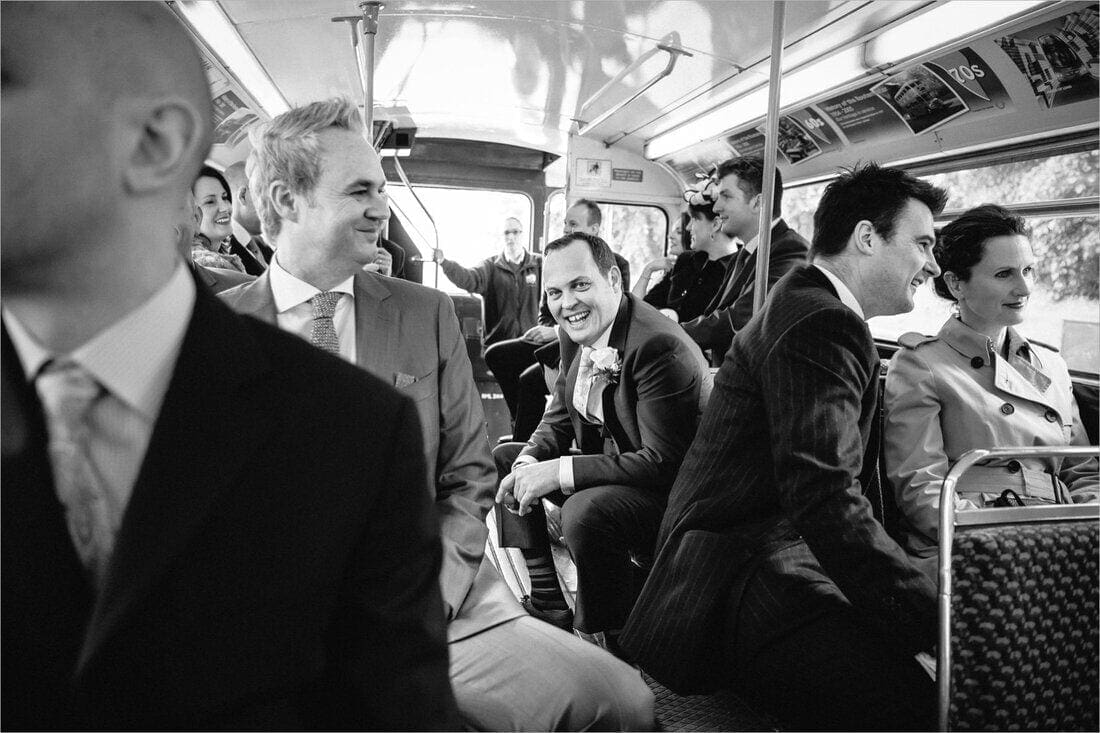 the groom takes the bus to his wedding