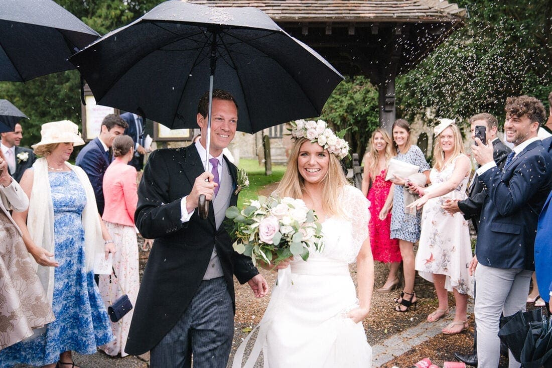 wedding confetti in the rain