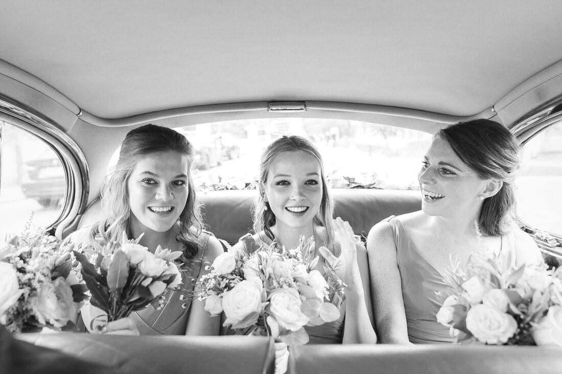 bridesmaids on their way to the sacred heart wimbledon