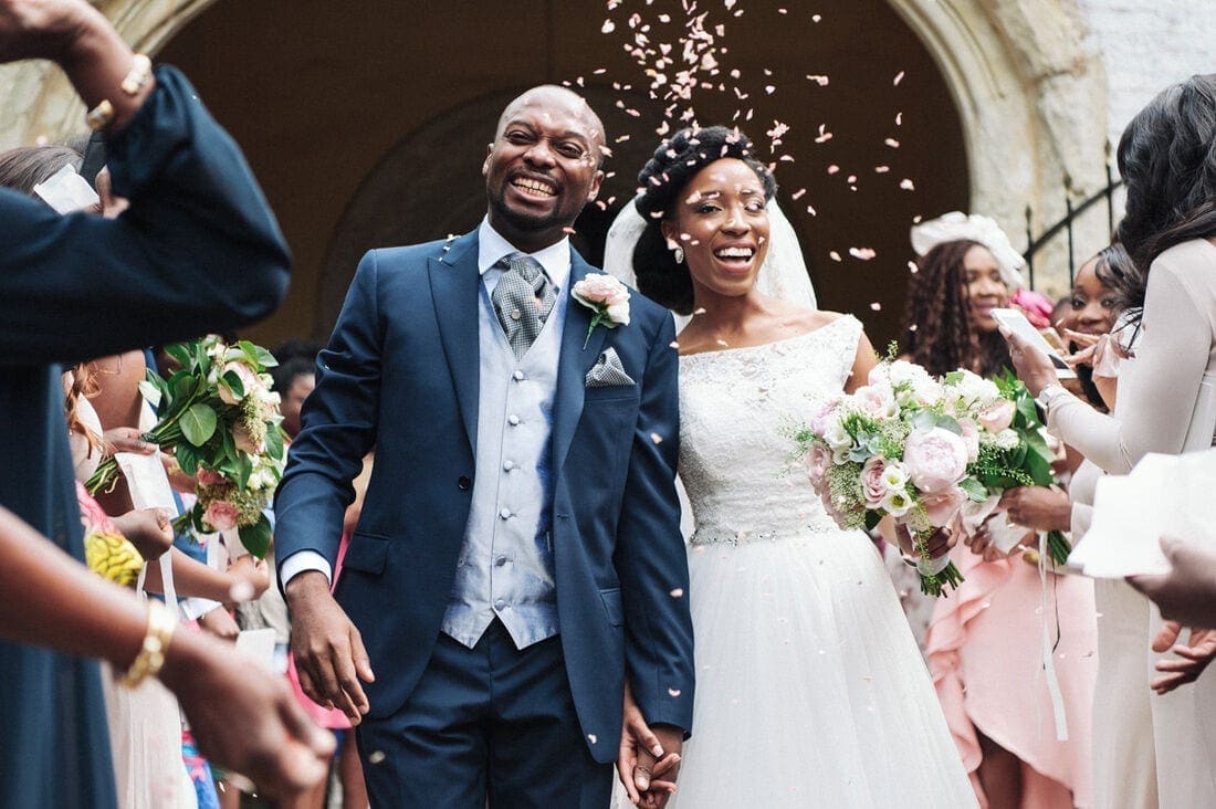 confetti throwing on a very happy newly married couple