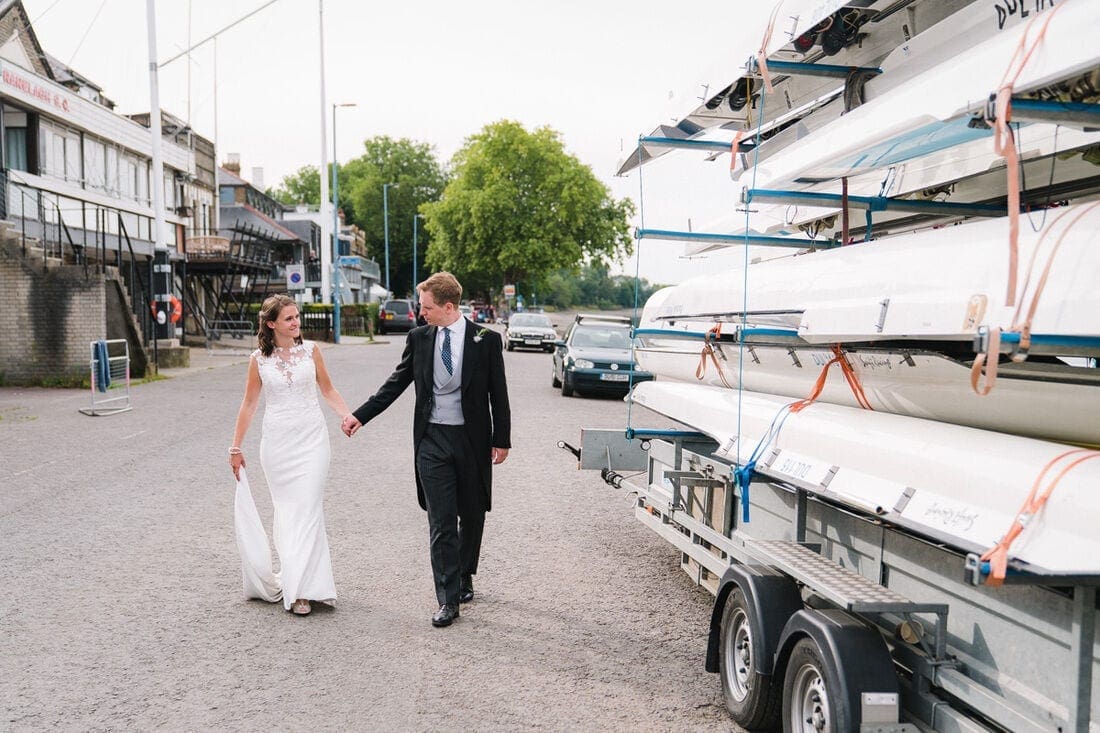 a relaxed wedding portrait on the banks of the Thames in Putney