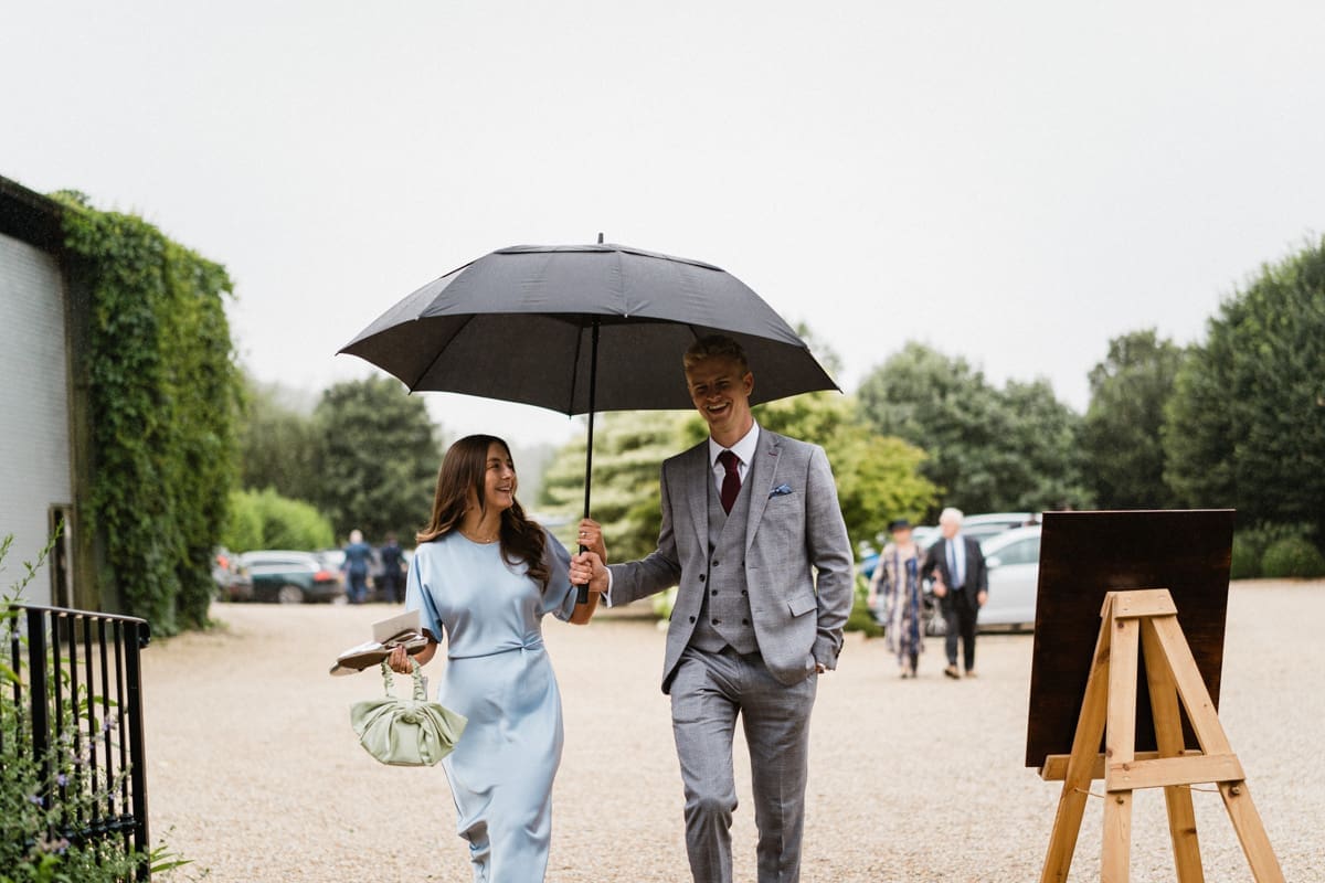 wedding guests arriving in the rain